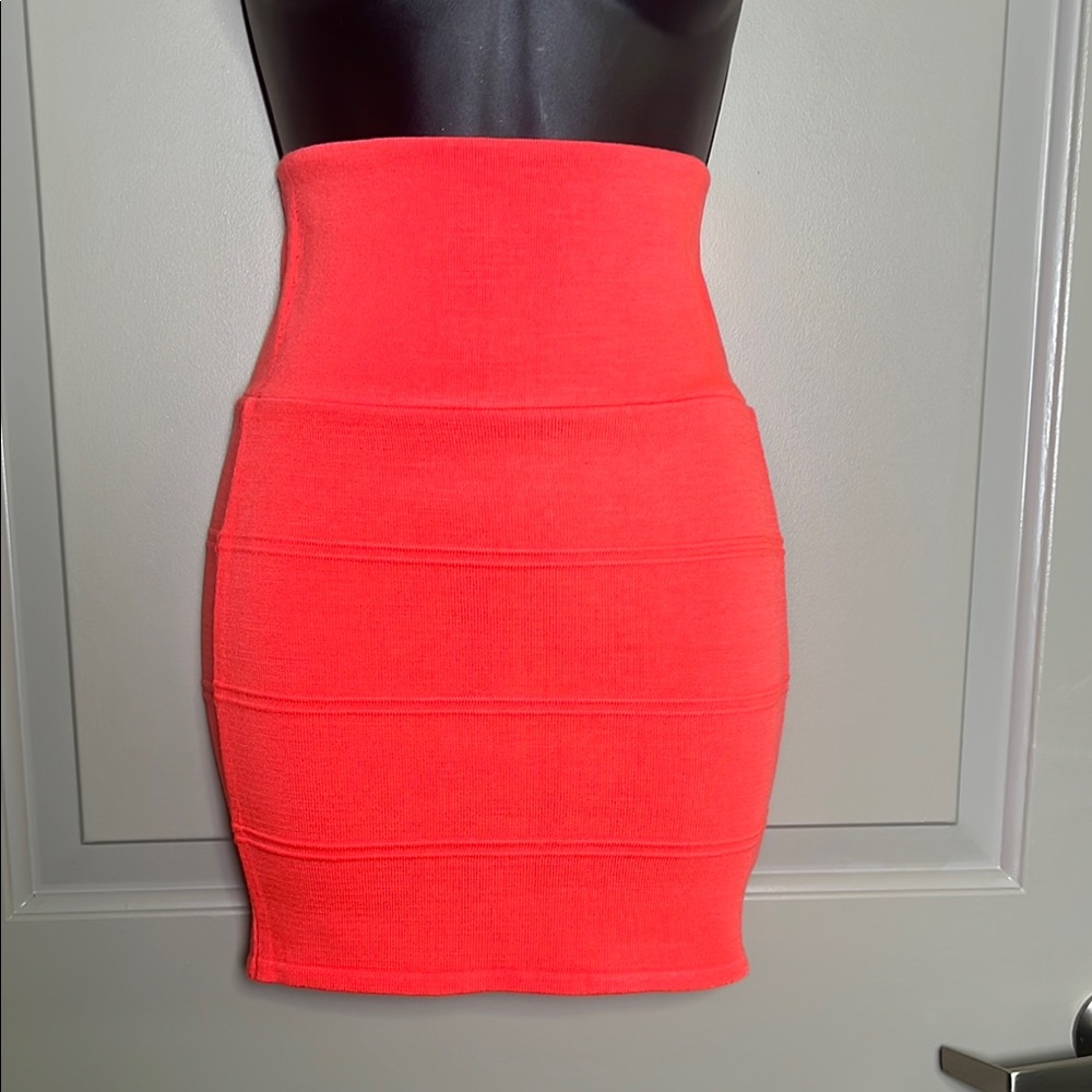 Ribbed Neon Orange Mini Hi-Waisted Skirt for Night Out
